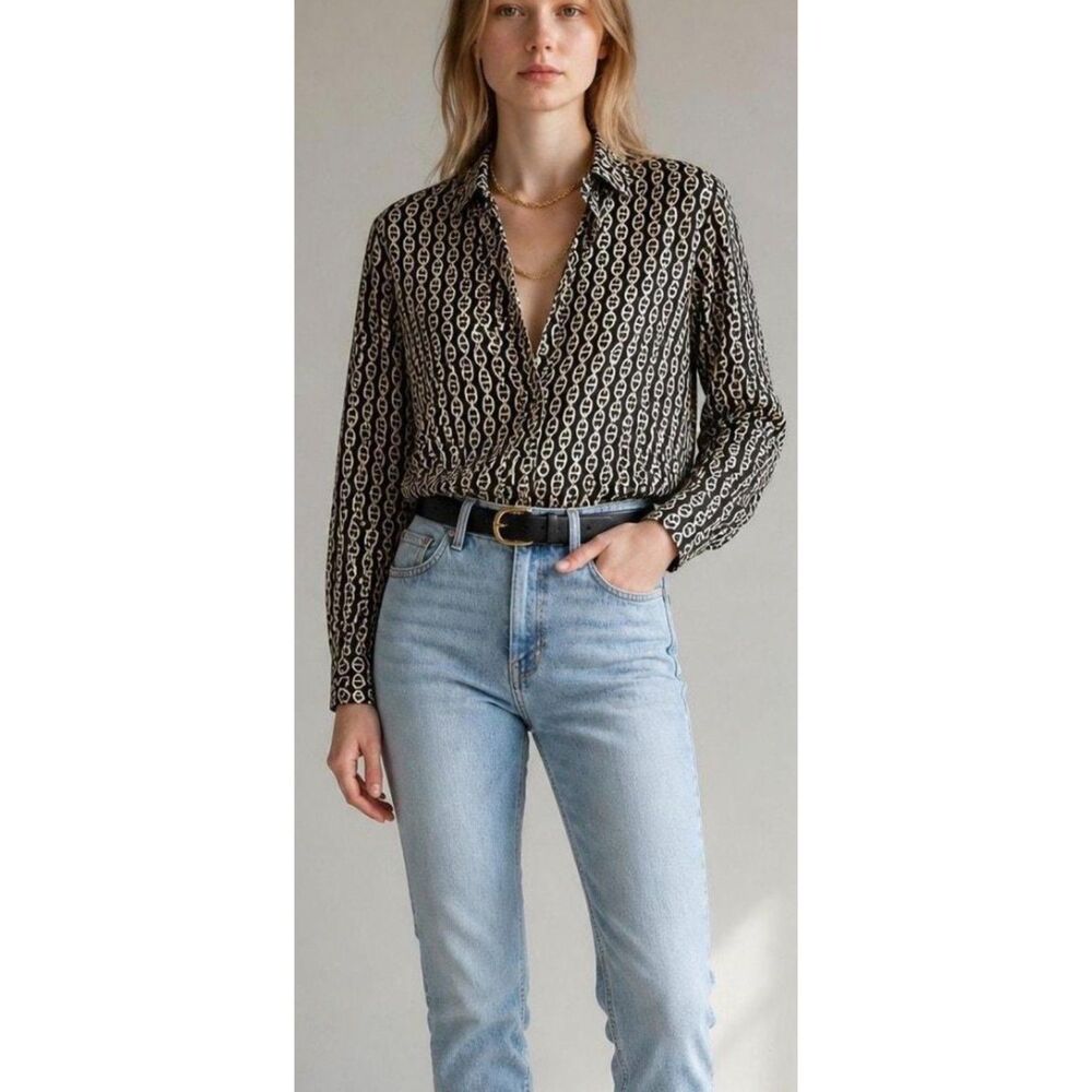 J. Crew Black Gold Chain Print Viscose Twill Button Up Shirt Women’s Size Small